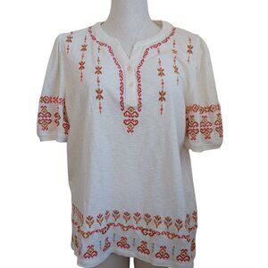 Sundance Top Embroidered Cross Stitch Pattern Short Sleeve Henley Womens Large